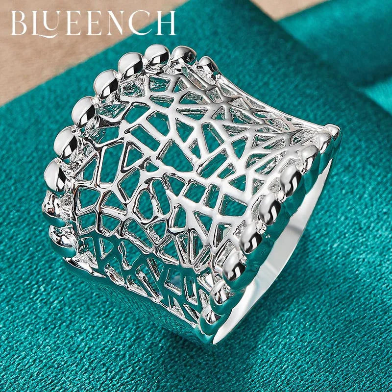 925 Silver Wide Face Hollow Ring for Women's Wedding Party Jewelry