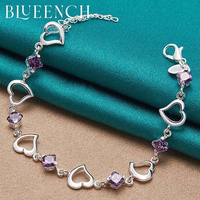 925 Silver Zircon Heart Link Bracelet for Women