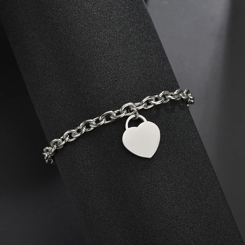 Bluelory Engraved Name Heart Bracelets Stainless Steel Women Personalized Jewelr