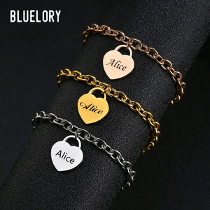 Bluelory Engraved Name Heart Bracelets Stainless Steel Women Personalized Jewelr
