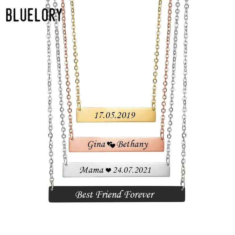 Bluelory Name Bar Women Necklace Engraved Family Jewelry Gift
