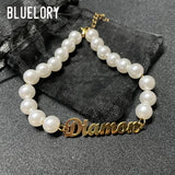 Bluelory Pearls Beaded Name Bracelet Stainless Steel Nameplate Wedding Gift