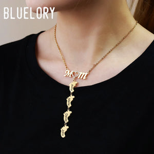 Crystal Mom Necklace Stainless Steel Engraved Kid's Baby Name on Foottprint