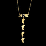 Crystal Mom Necklace Stainless Steel Engraved Kid's Baby Name on Foottprint