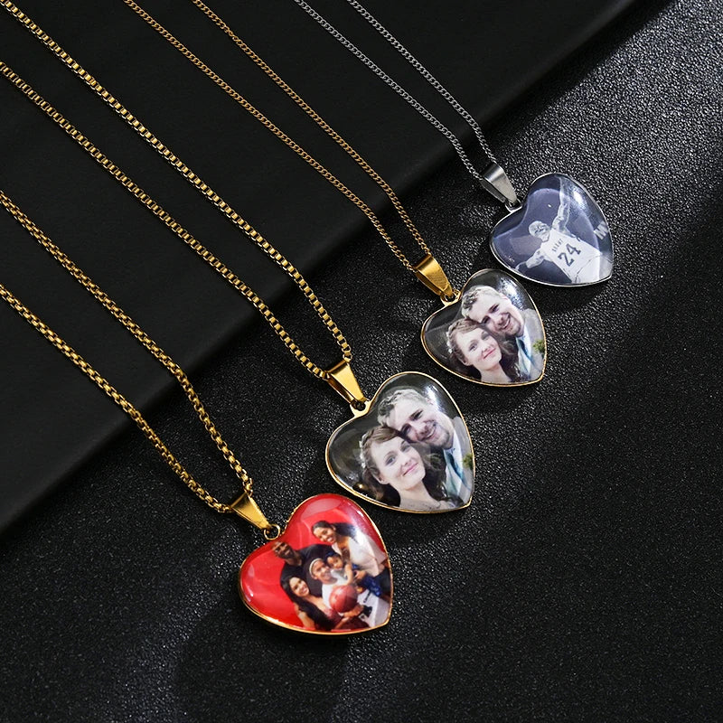 Bluelory Personalized Photo Necklace Stainless Steel Crystal Glass