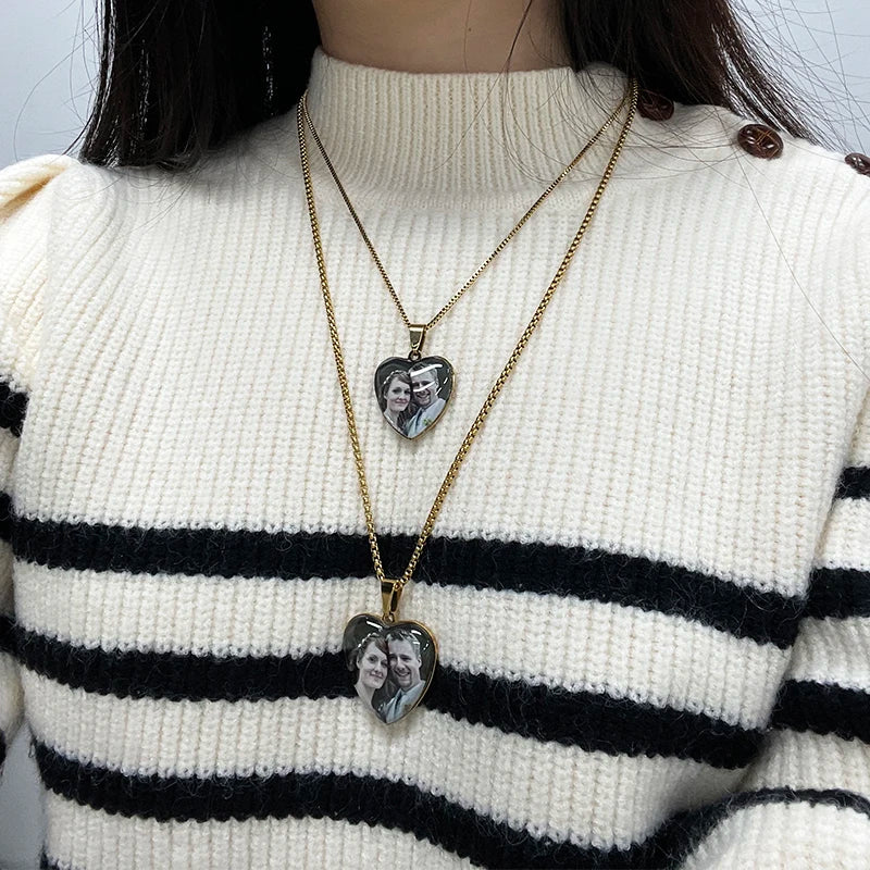 Bluelory Personalized Photo Necklace Stainless Steel Crystal Glass Jewelry