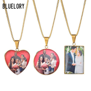 Bluelory Personalized Photo Necklace Stainless Steel Crystal Glass