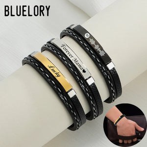 Bluelory Personalized Men Leather Name Bracelet Punk Stainless Steel Layered
