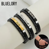 Bluelory Personalized Men Leather Name Bracelet Punk Stainless Steel Layered