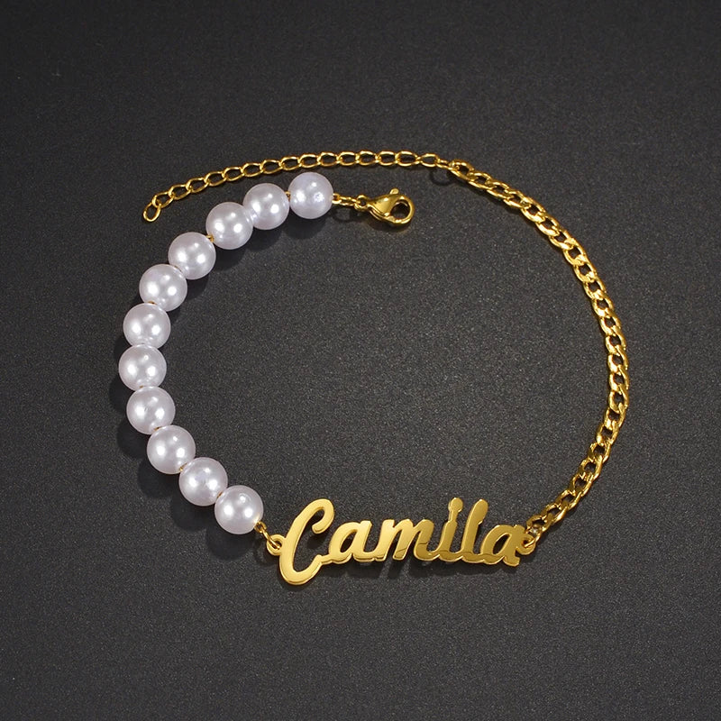 Personalized Pearls Beaded Name Bracelet Stainless Steel Wedding Jewelry