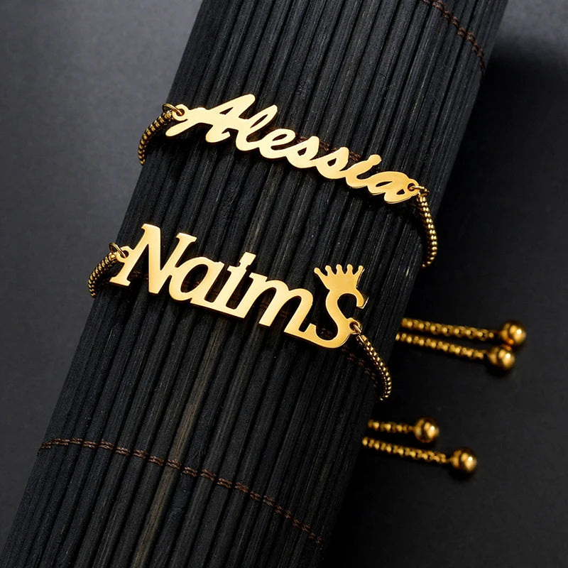 Personalized Women Name Bracelets Gold Stainless Steel Adjustable Box Chain