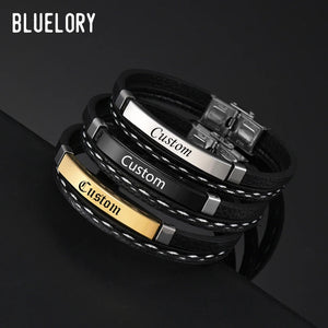 Bluelory Punk Name Stainless Steel Men Bracelets 3 Layers Leather