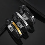 Bluelory Punk Name Stainless Steel Men Bracelets 3 Layers Leather