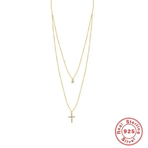 Boako Cross Clavicle Necklace 925 Sterling Silver Double Layered Diamond Pendant