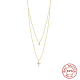 Boako Cross Clavicle Necklace 925 Sterling Silver Double Layered Diamond Pendant