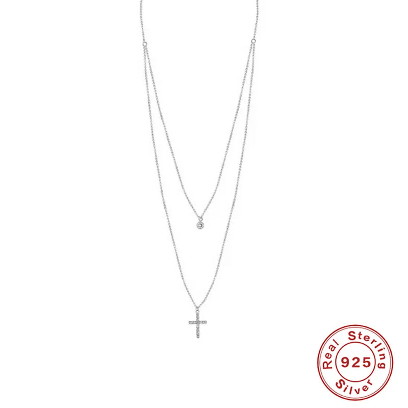 Boako Cross Clavicle Necklace 925 Sterling Silver Double Layered Diamond Pendant