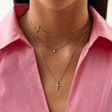 Boako Cross Clavicle Necklace 925 Sterling Silver Double Layered Diamond Pendant