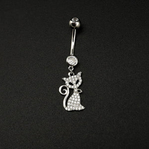 925 Silver Cat Navel Piercing Belly Button Ring Zircon Dangle