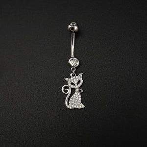 925 Silver Cat Navel Piercing Belly Button Ring Zircon Dangle