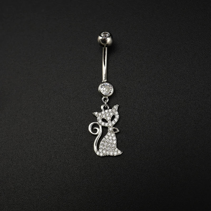 925 Silver Cat Navel Piercing Belly Button Ring Zircon Dangle