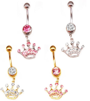 Pink Diamond Crown Belly Button Ring Surgical Steel Navel Piercing Jewelry