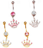 Pink Diamond Crown Belly Button Ring Surgical Steel Navel Piercing Jewelry