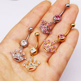 Pink Diamond Crown Belly Button Ring Surgical Steel Navel Piercing Jewelry