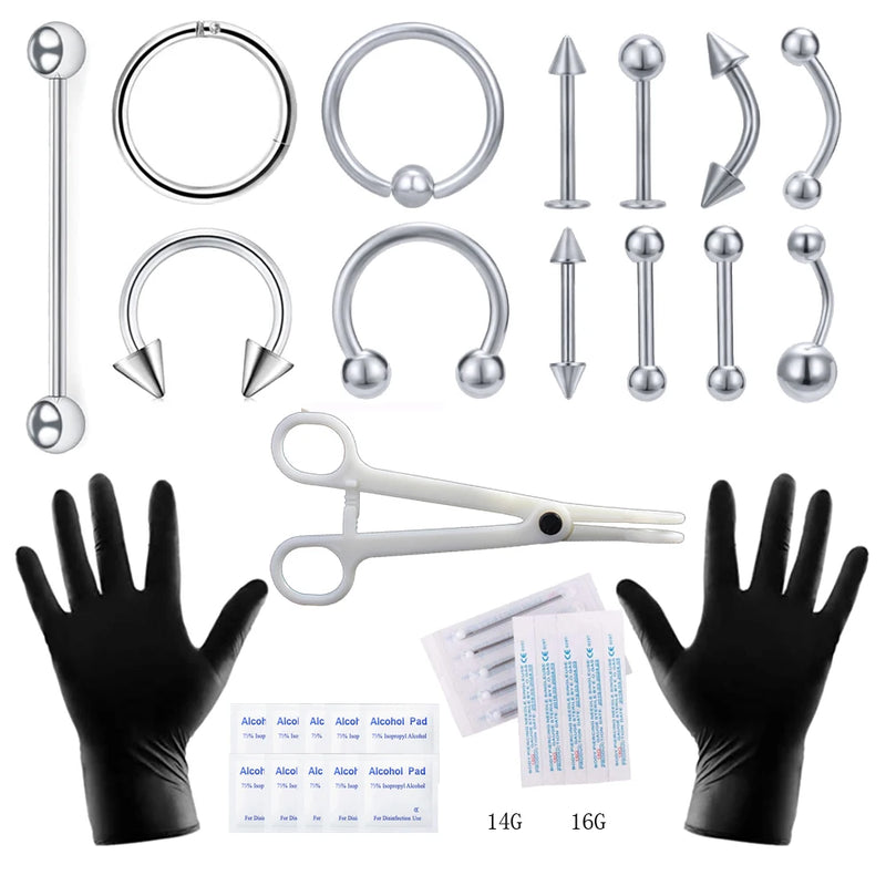 Body Piercing Tool Kit 12-20G Disposable Needles Clamp Gloves Tools
