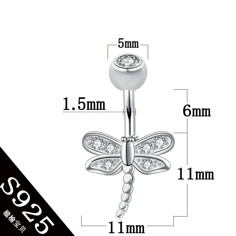 S925 Belly Button Ring Dragonfly 925 Sterling Silver 6-10mm Pin Fine Jewelry
