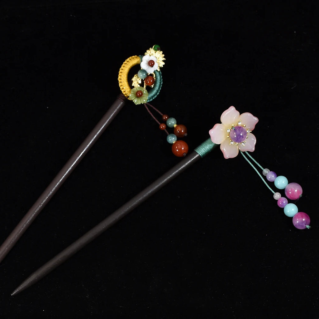 Bohamian Vintage Chinese Style Flower Wooden Hair Sticks Hairpin Tassel Barrette