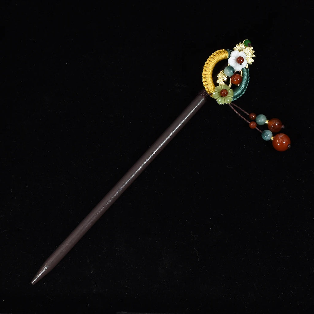 Bohamian Vintage Chinese Style Flower Wooden Hair Sticks Hairpin Tassel Barrette