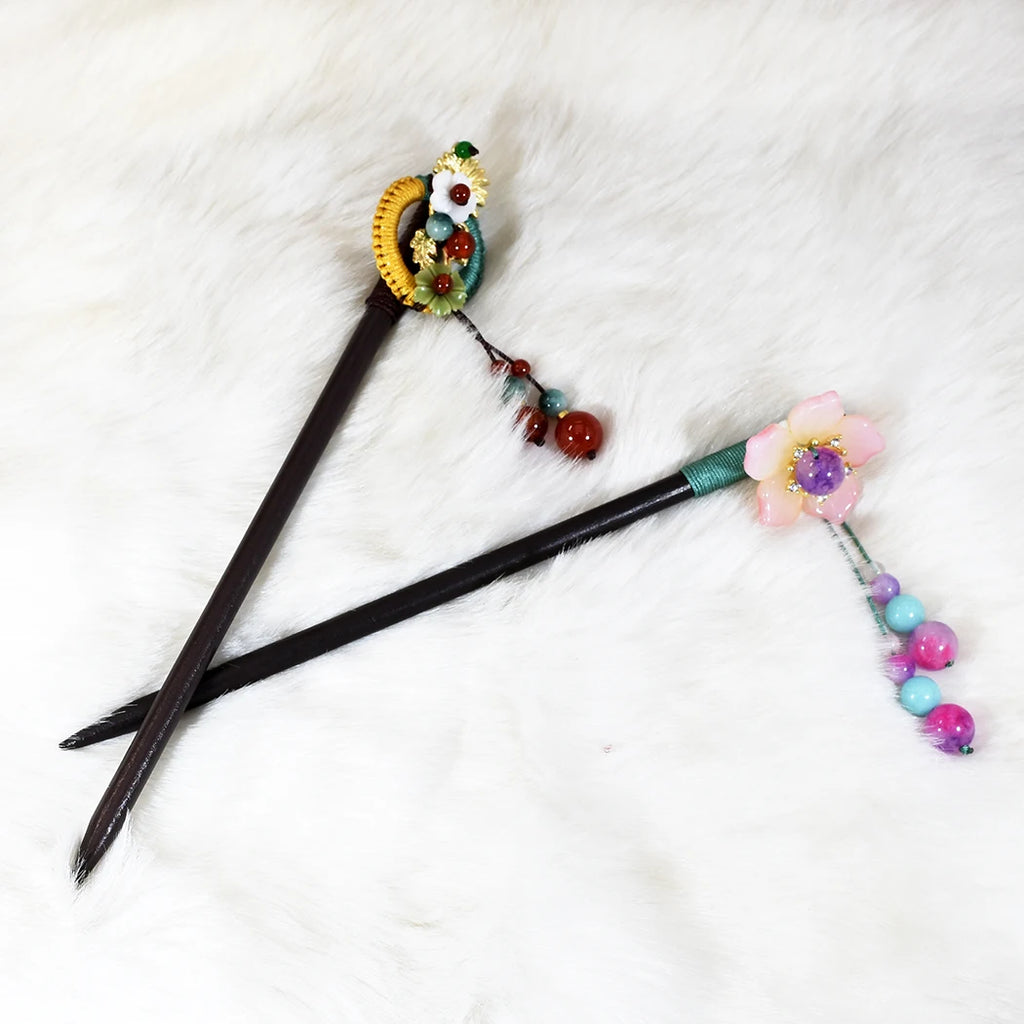 Bohamian Vintage Chinese Style Flower Wooden Hair Sticks Hairpin Tassel Barrette