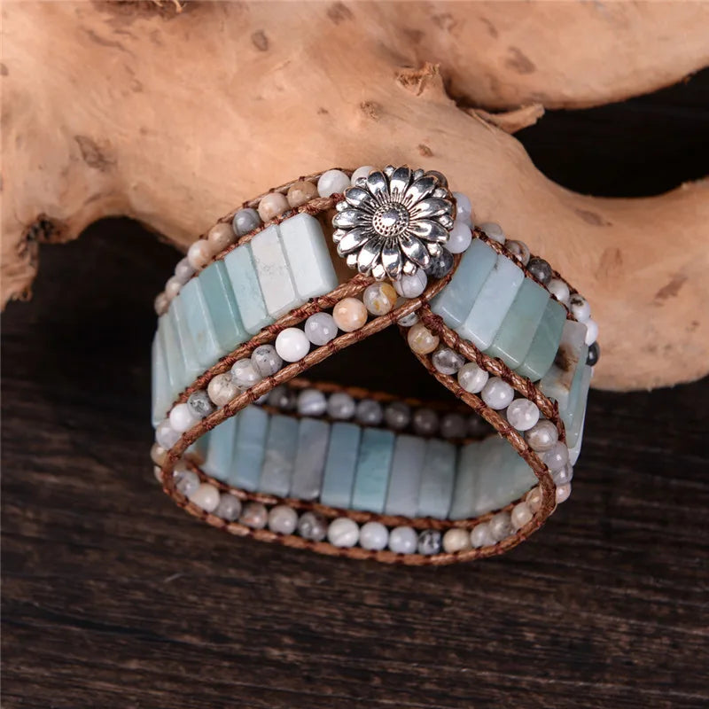 Bohemia Bracelet Amazonite Single Wrap Leather Cuff