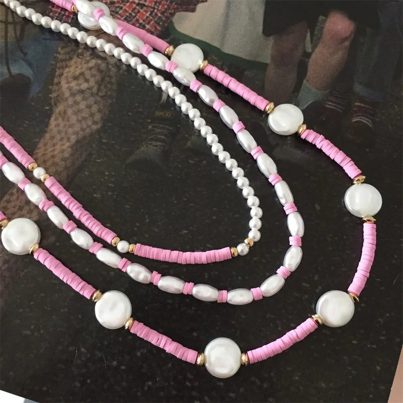 Bohemia Creamy Pink Clay Pearl Layered Necklace