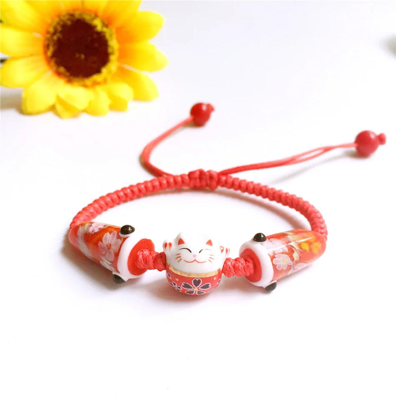 Bohemia Lucky Cat Ceramic Beads Bracelet Carp Flags Red Rope Bangle Jewelry