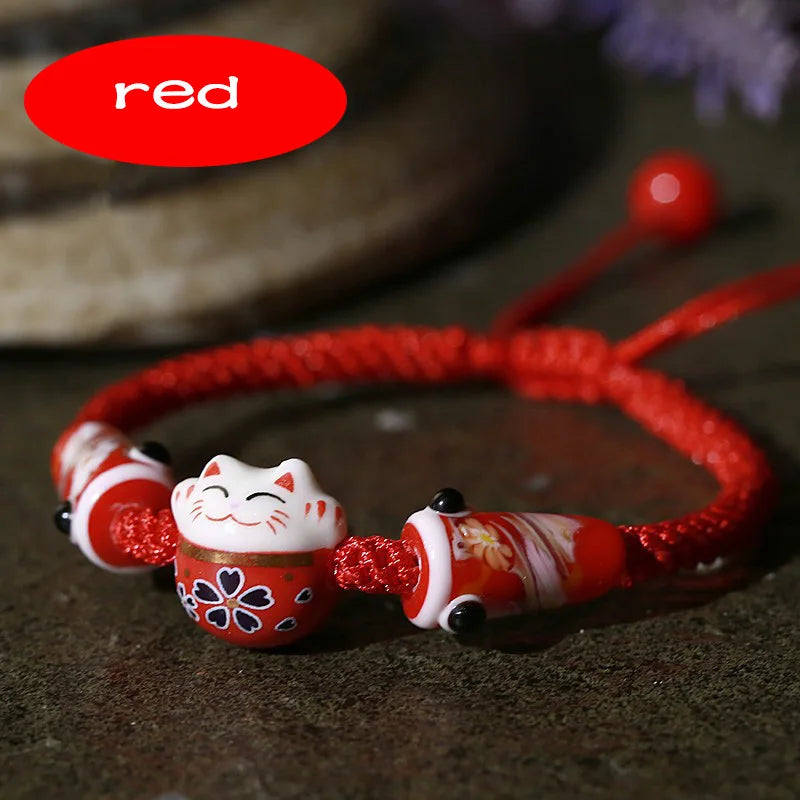 Bohemia Lucky Cat Ceramic Beads Bracelet Carp Flags Red Rope Bangle