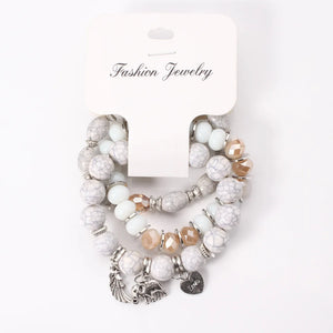 Bohemia Elephant Beaded Bracelet Set Wing Heart Charm Marble Stone Chain Bangle