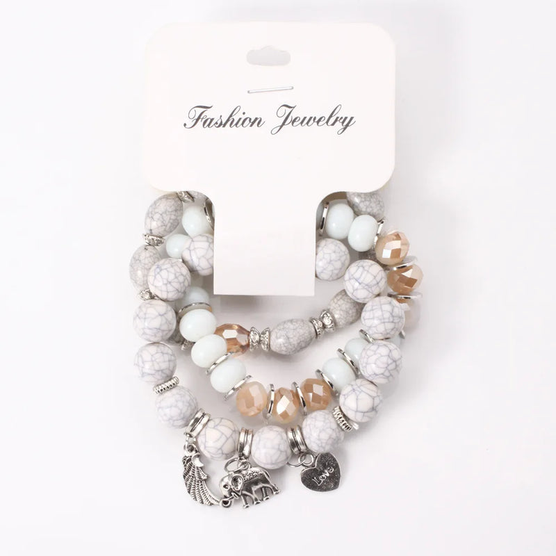 Bohemia Elephant Beaded Bracelet Set Wing Heart Charm Marble Stone Chain Bangle