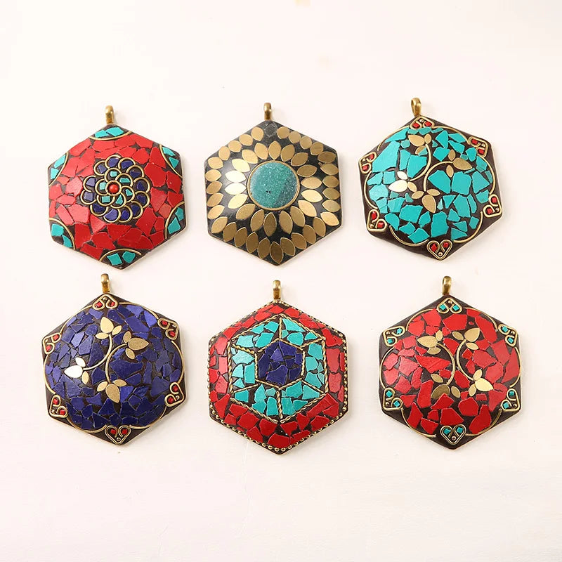 Bohemia Flower Nepal Vintage Hand Jewelry Brass Golden Hexagon Pendant