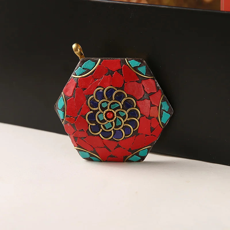 Bohemia Flower Nepal Vintage Hand Jewelry Brass Golden Hexagon Pendant