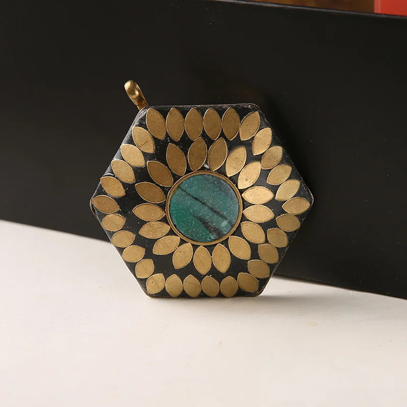 Bohemia Flower Nepal Vintage Hand Jewelry Brass Golden Hexagon Pendant
