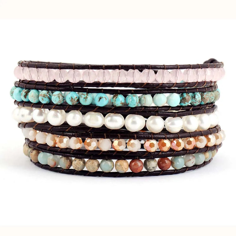 Bohemia Freshwater Pearl Crystal Leather Wrap Bracelet