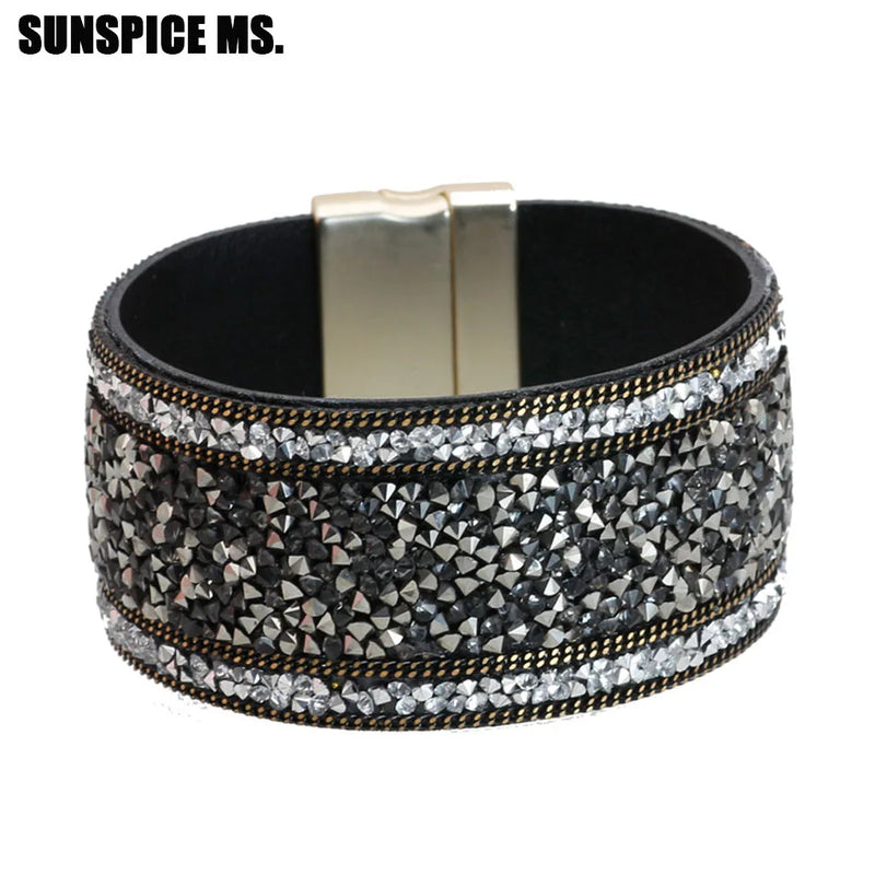 Bohemia Rhinestone Charm Bracelet Magnetic Clasp Crystal Leathers
