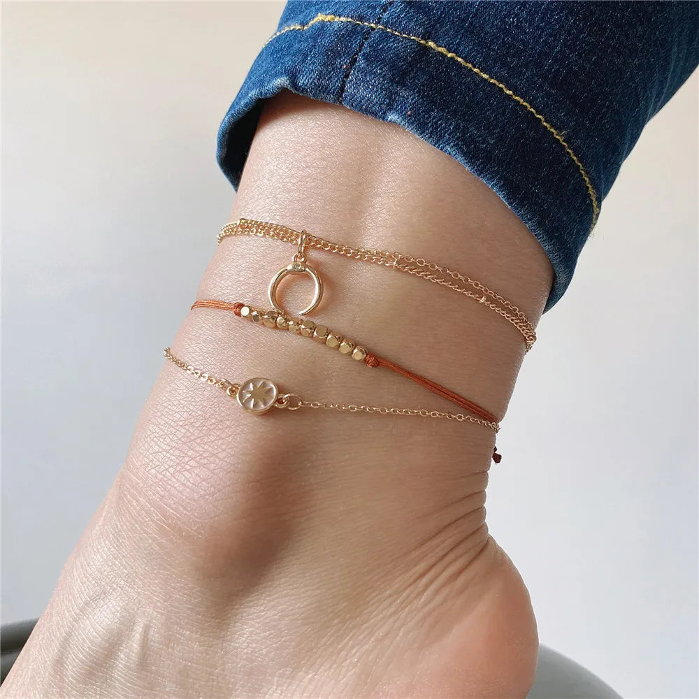 Bohemia Metallic Bead Horn Star Anklet Bracelet