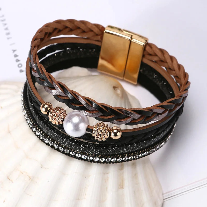 Bohemia Pearls Leather Weave Bracelet for Women
