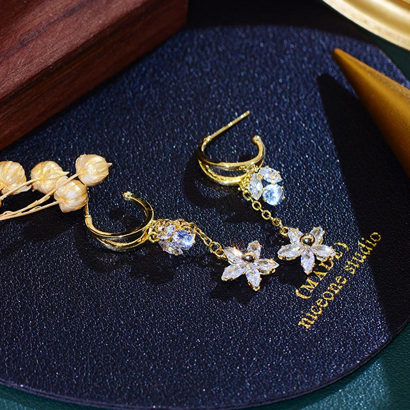Bohemia Long Flower Leaf Women Earring 14K Zircon Stud Earrings