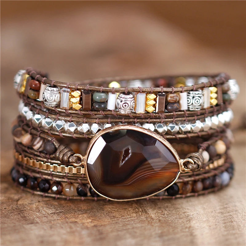 Bohemia Leather Wrap Bracelet Coffee Agates Beaded Strand Boho Jewelry