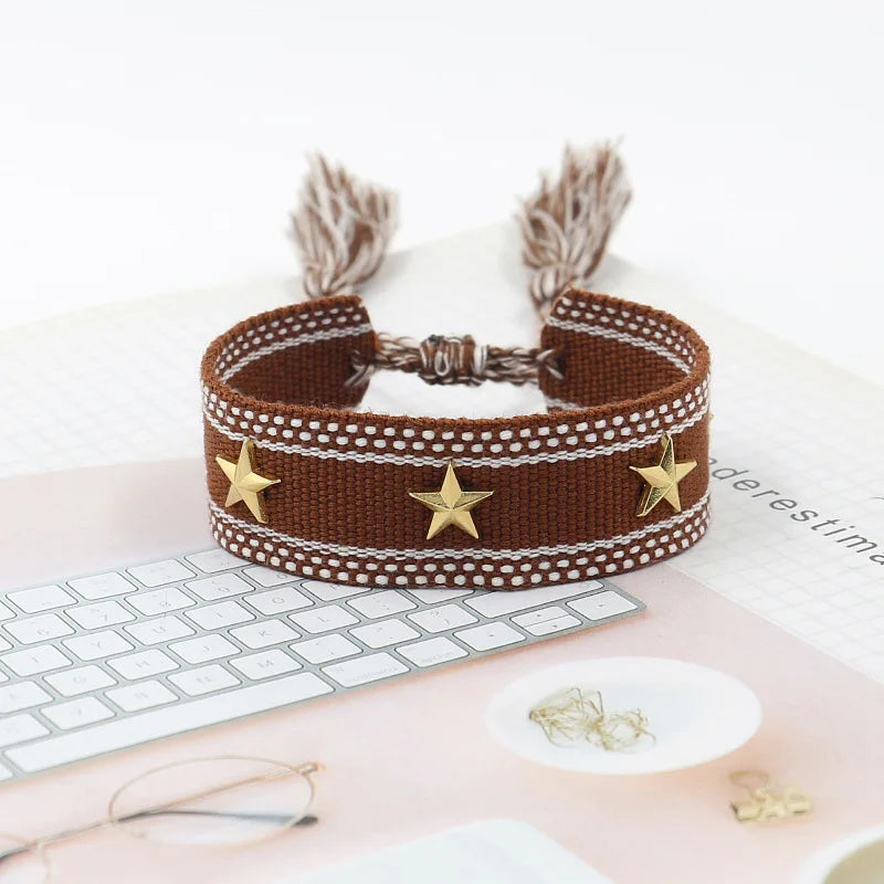 Bohemia Woven Tassel Bracelet for Women Star Rivet Wrist Strap Jewelry