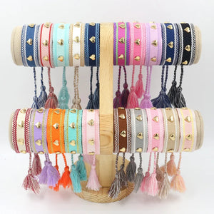 Bohemia Personality Woven Tassel Bracelet Alloy Heart Shape Rivet Wrist Starp
