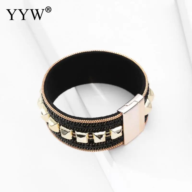 Bohemia Pu Leather Cord Bracelets High Metal Rivet Beading Magnetic Bangle